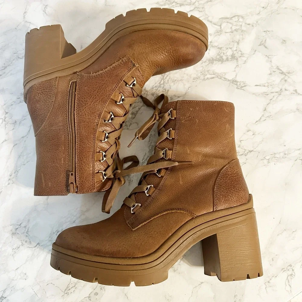 Flexi Tan Leather Lace Up Chunky Heel Lug Sole Mid Calf Boots Women's Size 7.5 - Picture 7 of 12